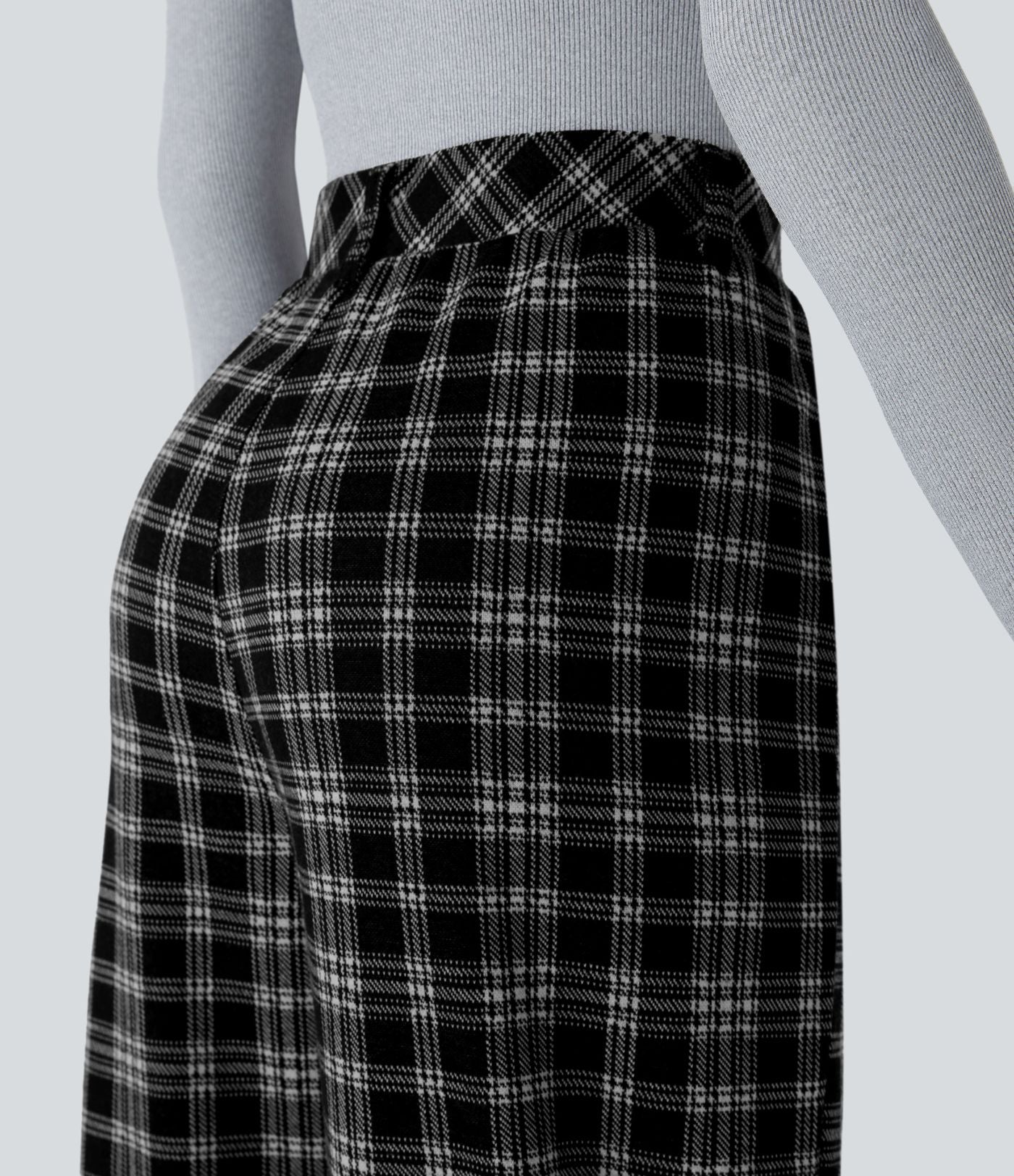 Pantalon taille haute décontracté large à carreaux, avec poches