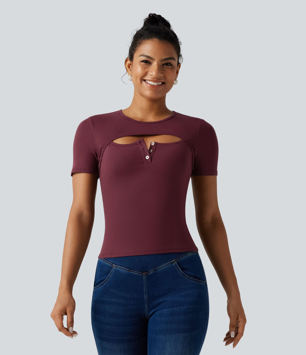 T-shirt en maille côtelée à col rond avec découpe et maintien intégré