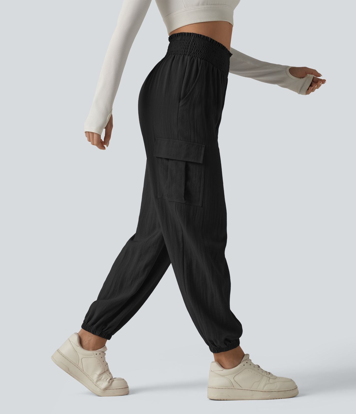 Pantalon cargo décontracté taille haute froncé, aspect lin, avec poches