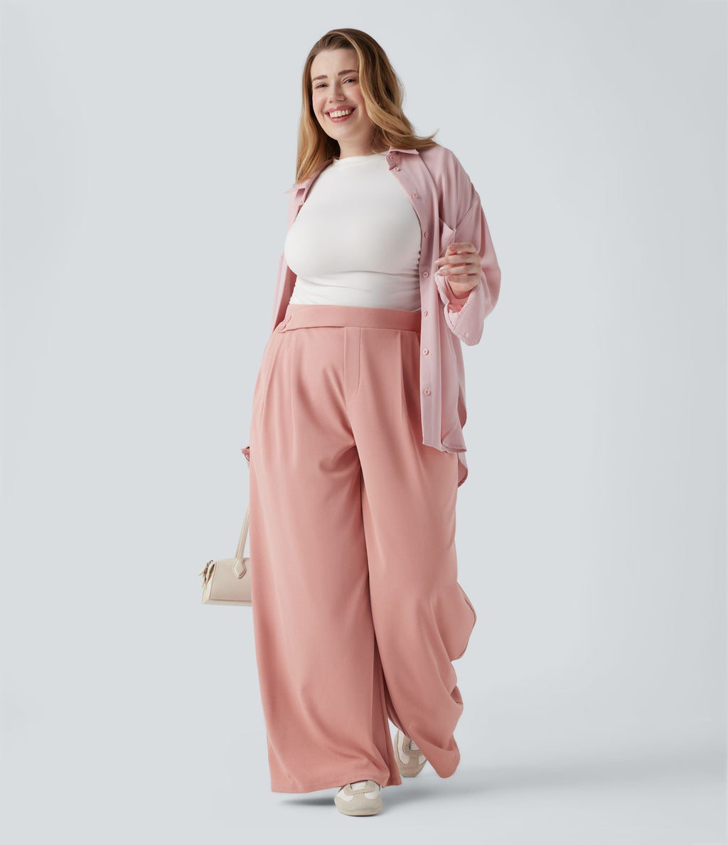Pantalon décontracté grande taille large en maille gaufrée, taille haute, avec poches