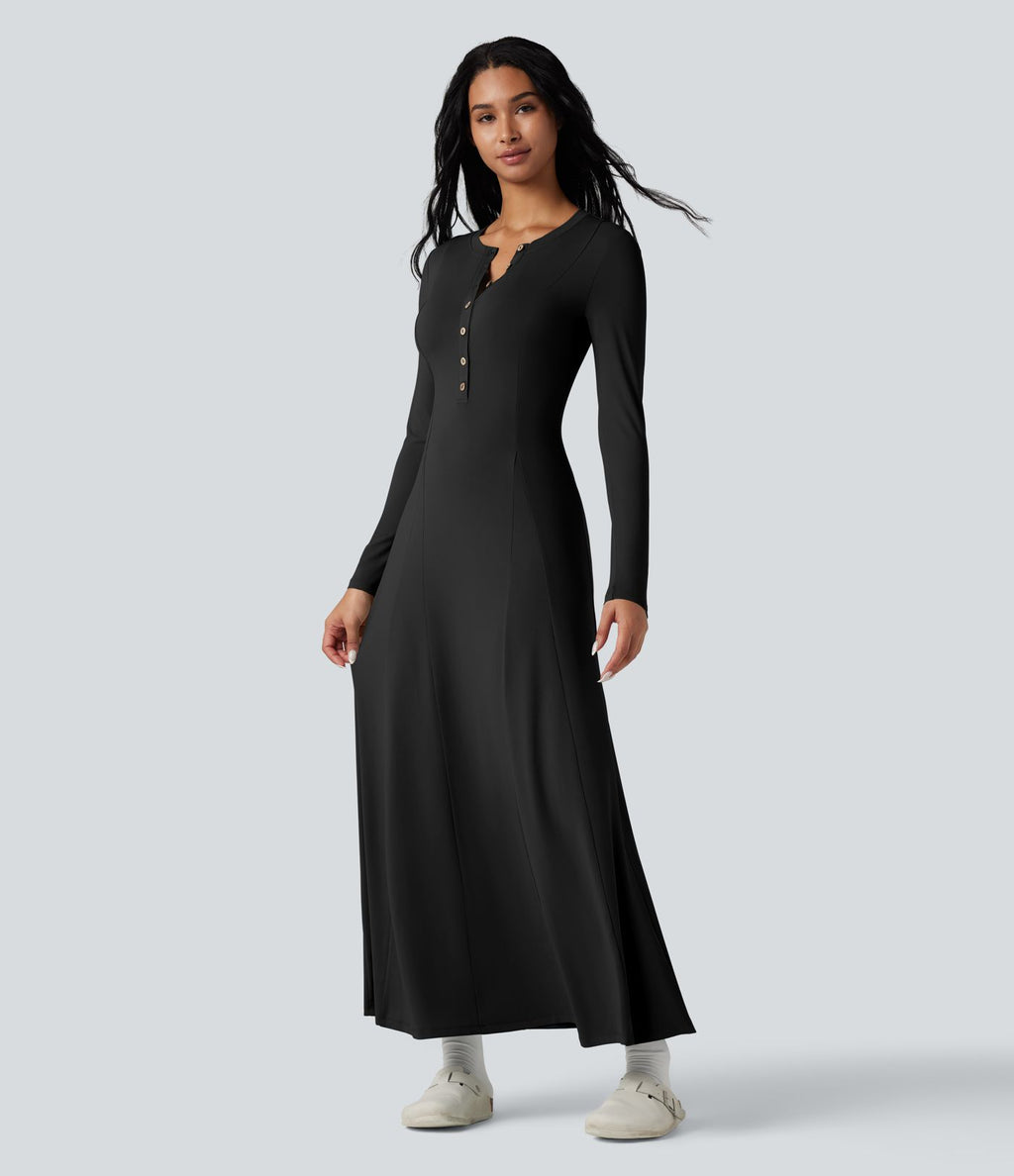 Robe longue évasée col Henley manches longues