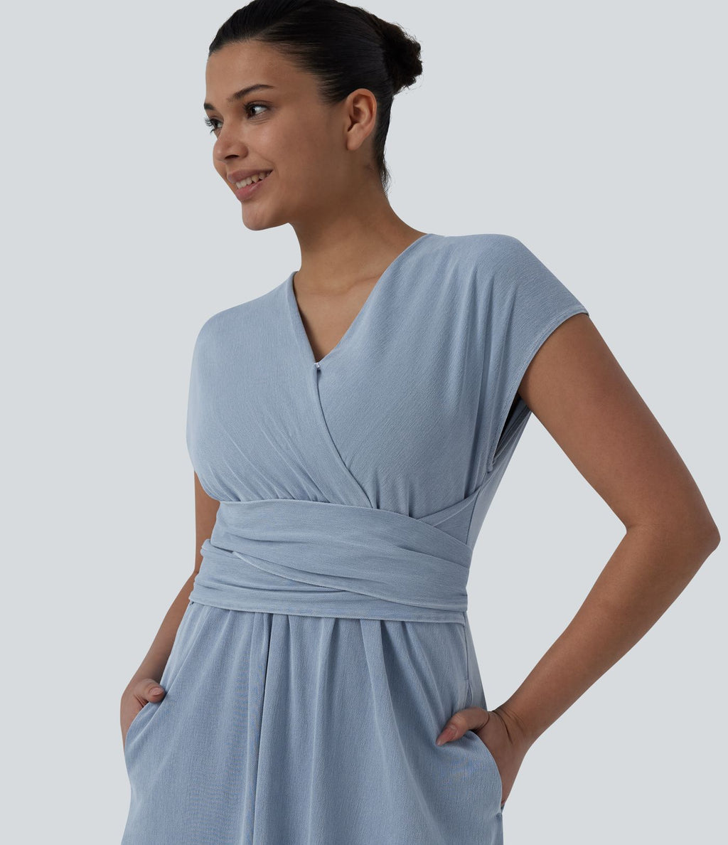Robe mi-longue casual denim Halara Flex™ col V manches courtes avec nœud au dos et poches