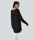 Sweatshirt Casual à Capuche Encolure en V Cordon de Serrage Trou pour le Pouce Fente et Coupe Longue
