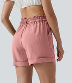 Short resort 12,5 cm taille haute effet lin avec ourlet roulotté et poches