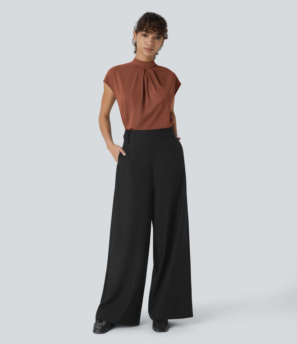 Blouse de Travail à Col Montant Plissée avec Boutons dans le Dos et Manches Courtes