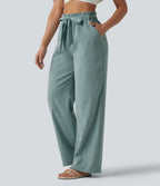 Pantalon décontracté effet lin taille haute, coupe droite, ceinturé avec finitions ondulées et poches