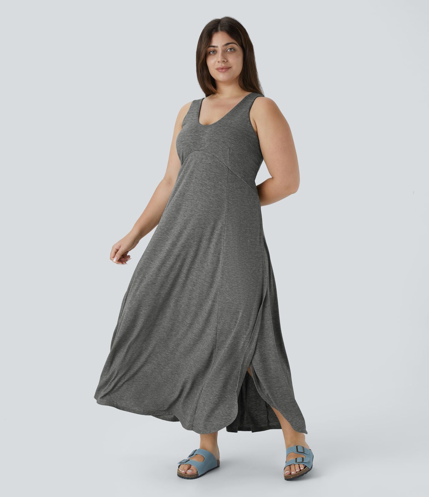 Robe Maxi Casual Grande Taille à Col U Sans Dos Fendue et Fluide