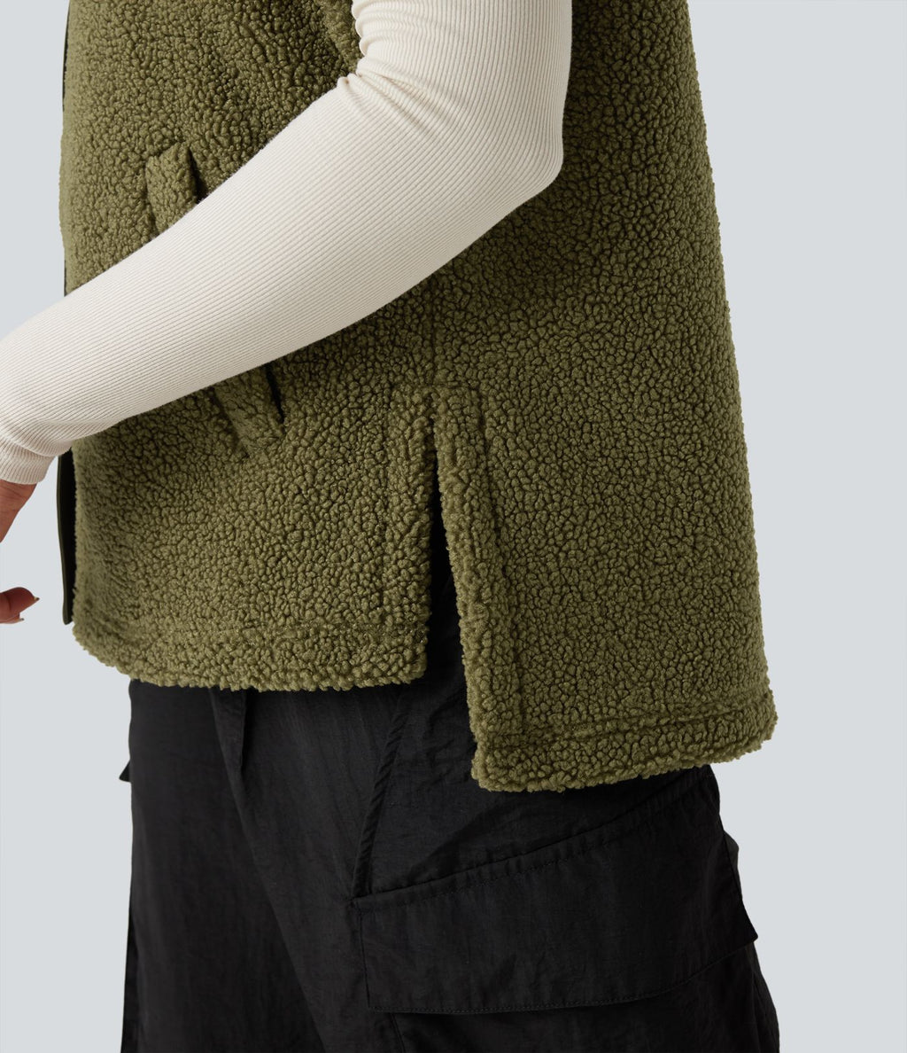 Gilet sherpa randonnée color block col montant manches courtes avec poches