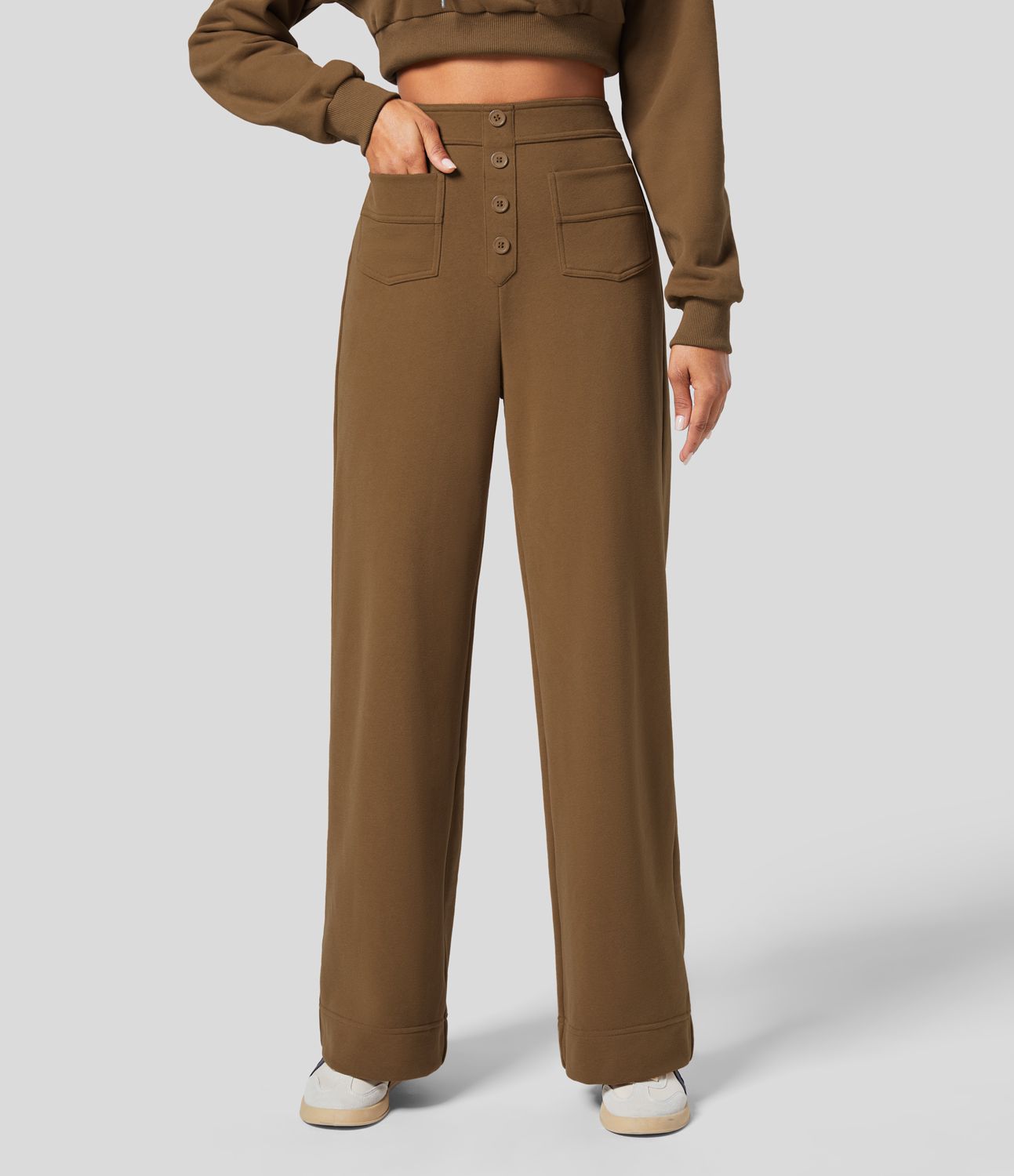 Pantalon Jogging en Fleece Thermique Jambe Droite Boutons Taille Haute Plusieurs Poches