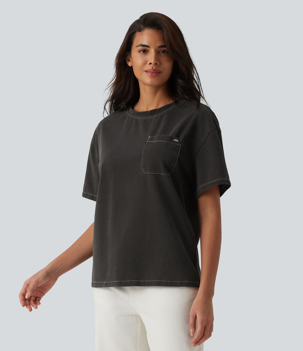 Halara Flex™ T-shirt en denim col rond manches courtes avec poche