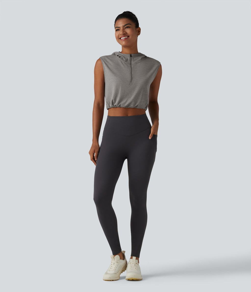 Débardeur de yoga court à capuche avec demi-zip