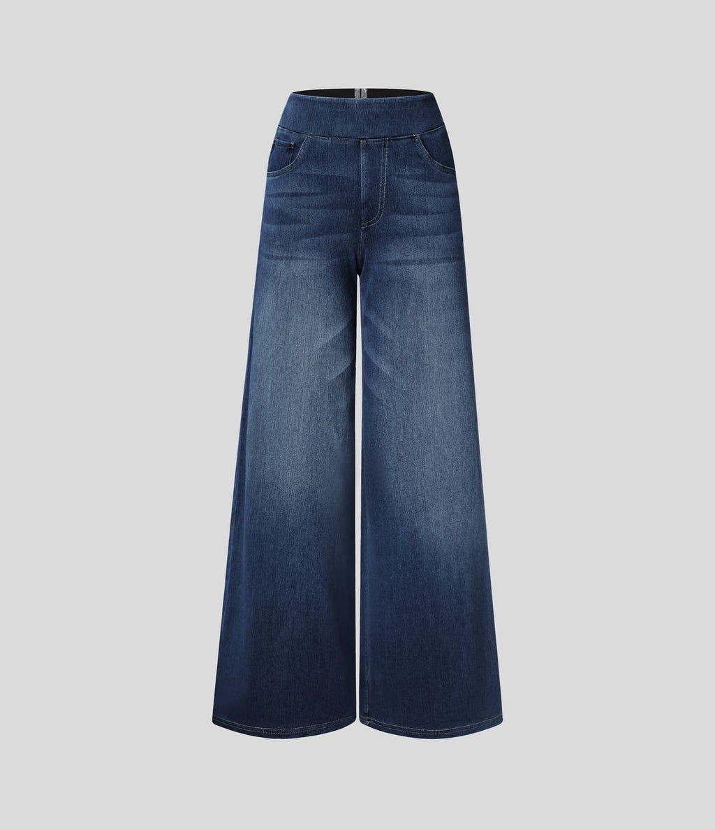 Halara Flex™ Jean Large Casual Taille Haute Poches Multiples Tricot Extensible Délavé