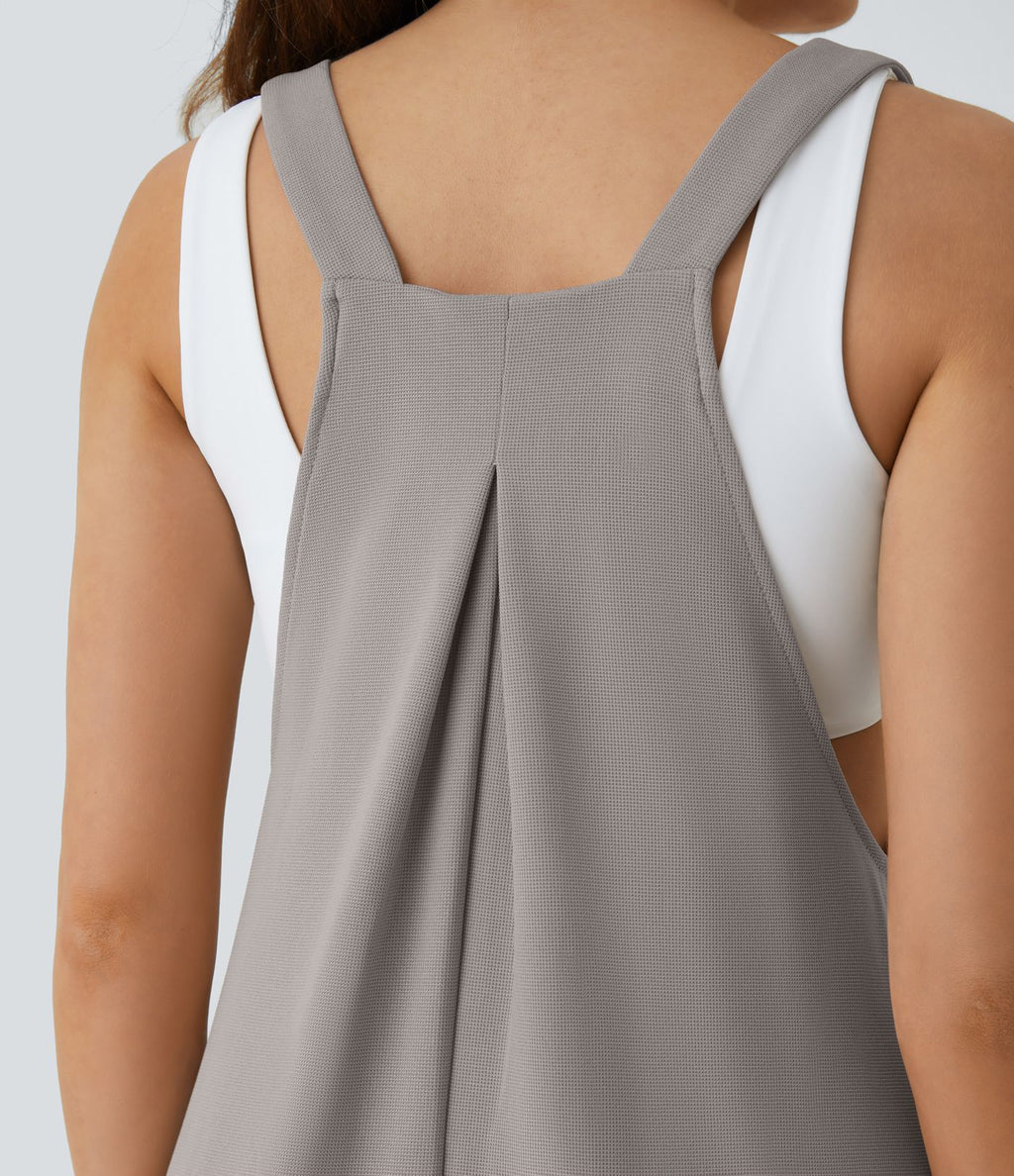 Salopette Casual Bretelles Ajustables Boutonnés Multiples Poches Plis et Tissu Gaufré