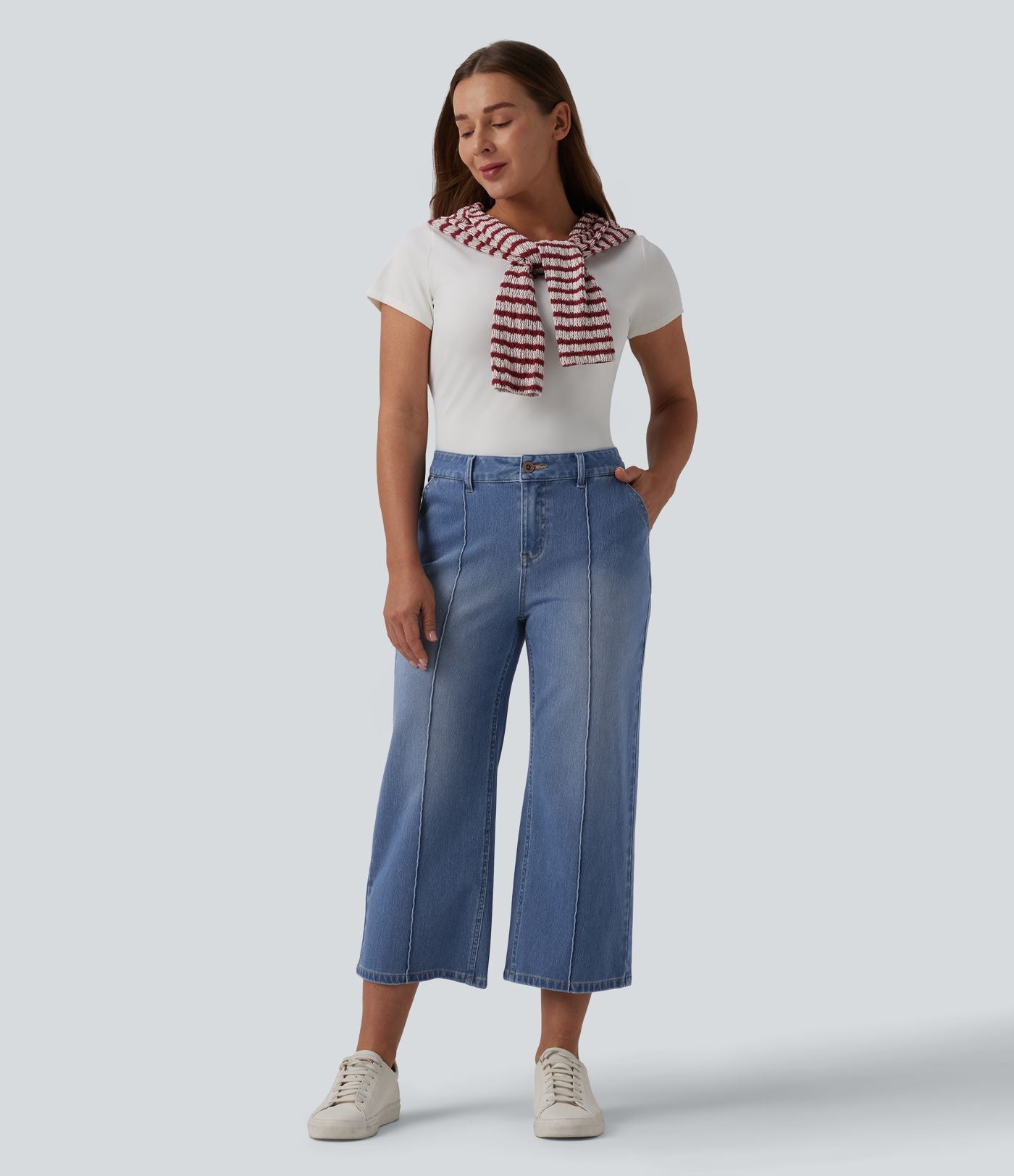 Jean Halara Flex™ décontracté délavé taille mi-haute coupe droite raccoucie avec poches