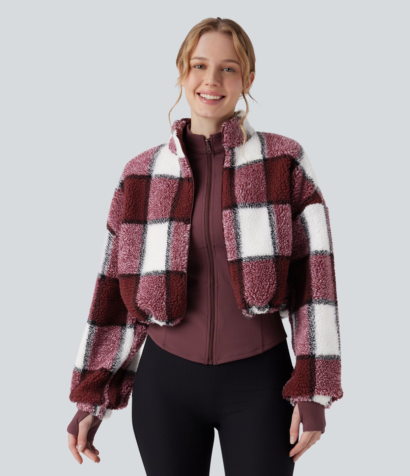 Veste 3-en-1 à col montant, manches longues, trous pour les pouces et veste sherpa à ourlet avec cordon de serrage avec poches