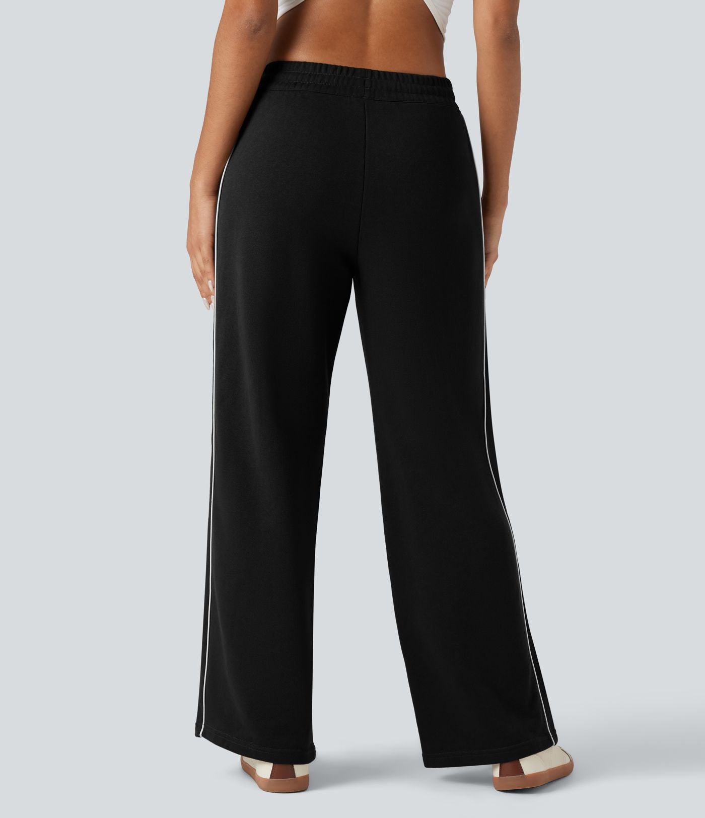 Pantalon jogging coton coupe droite taille mi-haute color block avec cordon de serrage et poches