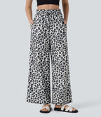 Pantalon large et fluide à imprimé léopard, taille haute avec cordon de serrage et poches latérales