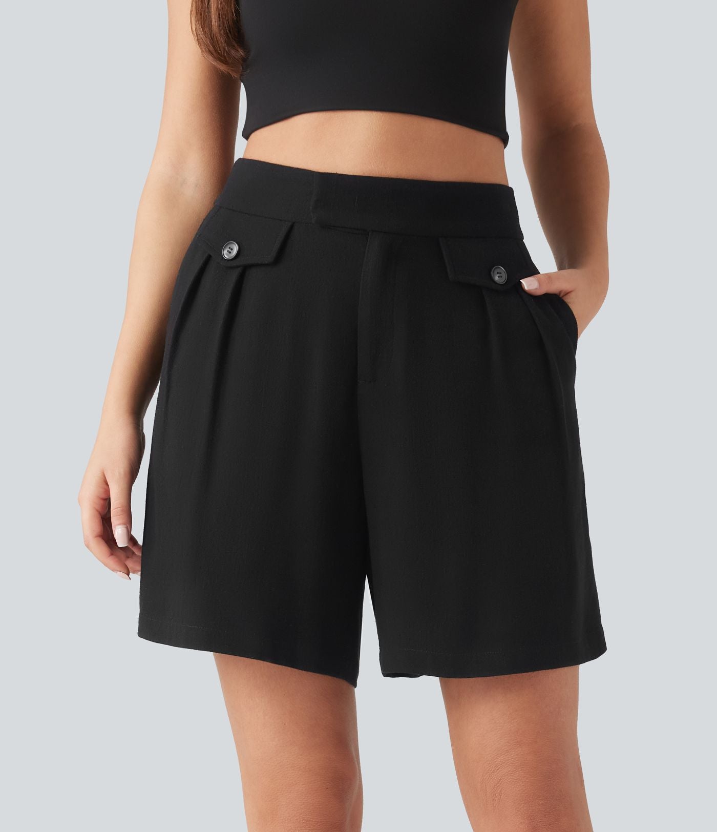 Short casual en mélange de lin taille haute 15 cm avec poches