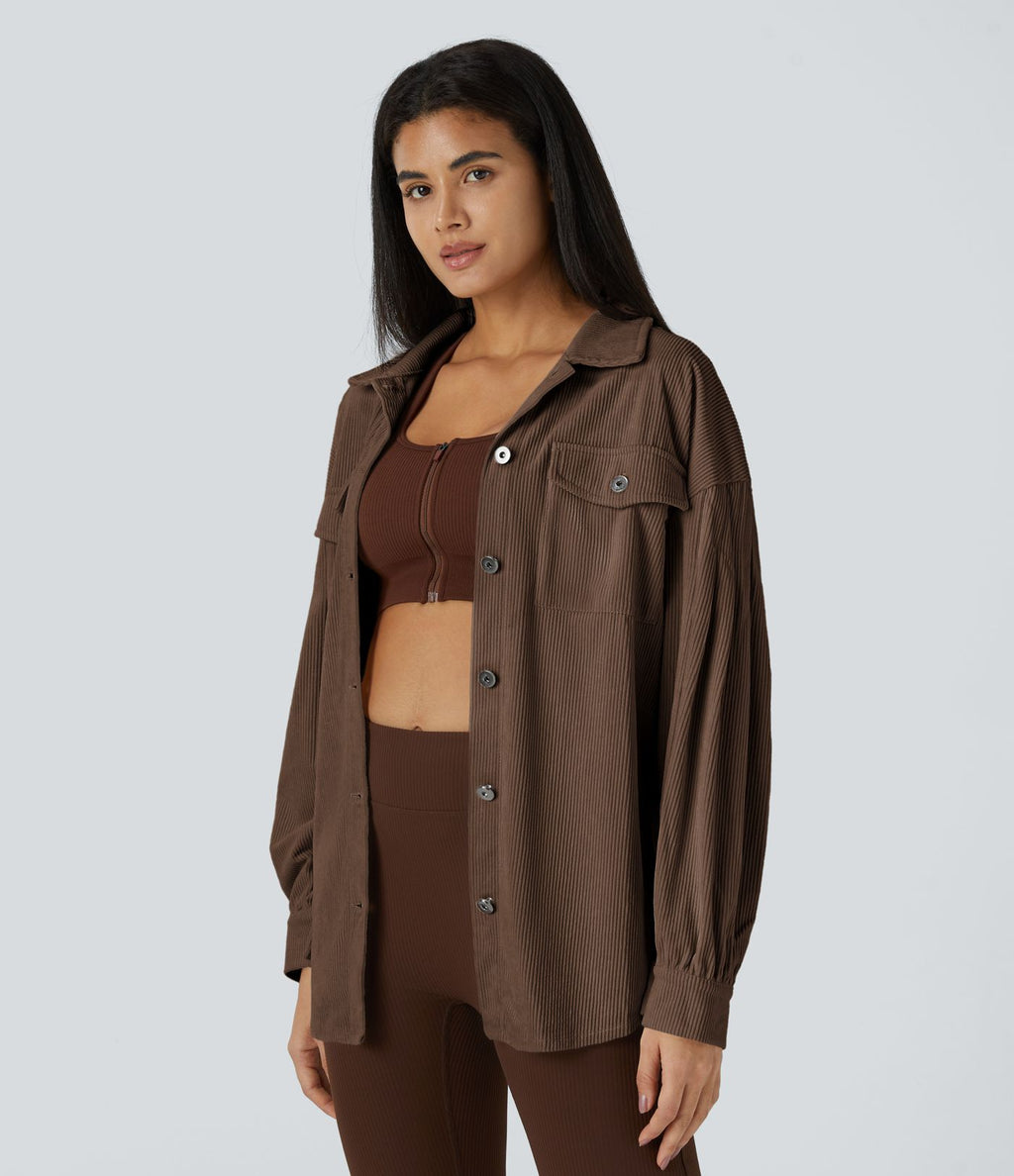 Veste Casual en Velours Côtelé à Col Boutonné Poches et Manches Longues Ourlet Courbé