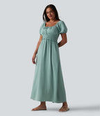 Robe longue fluide et décontractée en lin, à col carré, manches bouffantes, soutien-gorge intégré froncé et poches