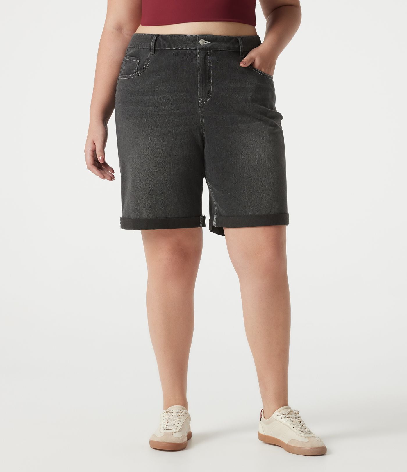 Short bermuda casual denim grande taille Halara Flex™ tricot extensible délavé taille haute multiples poches ourlet roulotté