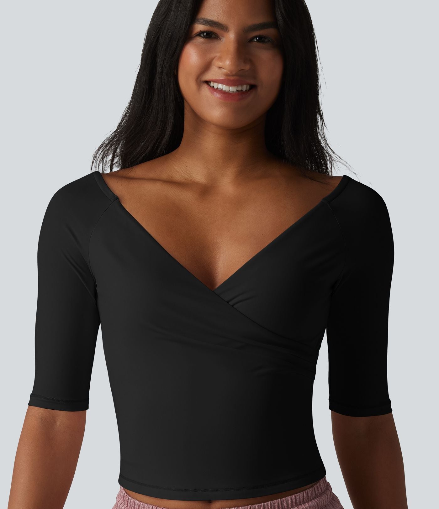 Haut décontracté col V croisé manches mi-longues coupe ultra-ajustée effet frais InstantCool, protection solaire UPF50+
