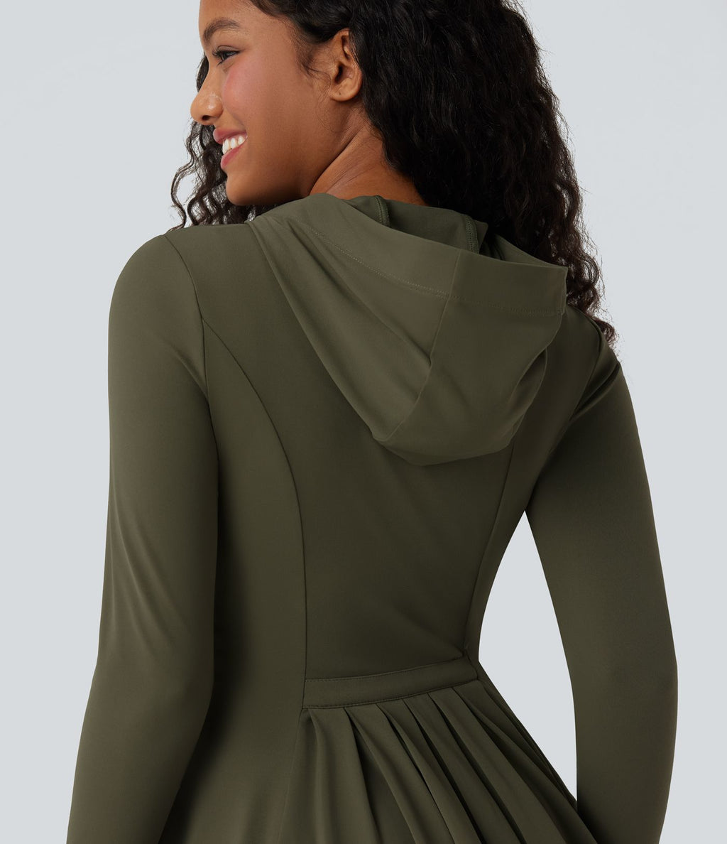 Veste SoftlyZero™ à capuche manches longues avec trous pouces détails plissés et poches-UPF50+