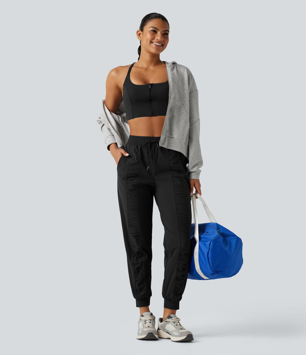 Jogging de running taille haute, cordon de serrage, fronces, coupe fuselée, séchage rapide, à effet frais InstantCool, avec poches, protection solaire UPF40+