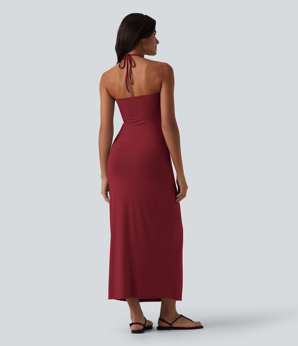 Robe longue dos nu col licou avec nœud et poches