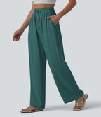 Pantalon casual large fluide mélange lin taille haute avec cordon de serrage et poches