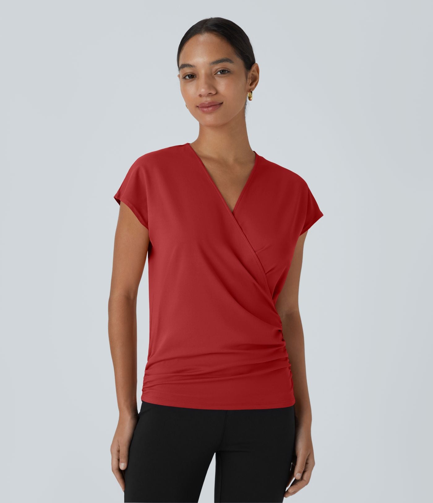 Blouse Travail Unie Froncée Croisée Manches Courtes Col en V
