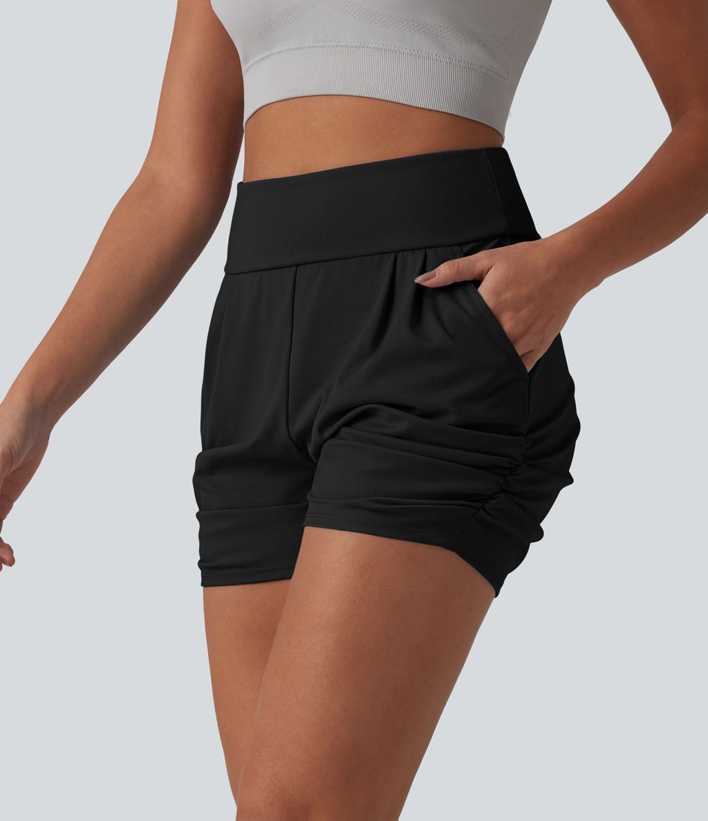 Short Yoga froncé taille haute, séchage rapide, UPF40+ avec poches