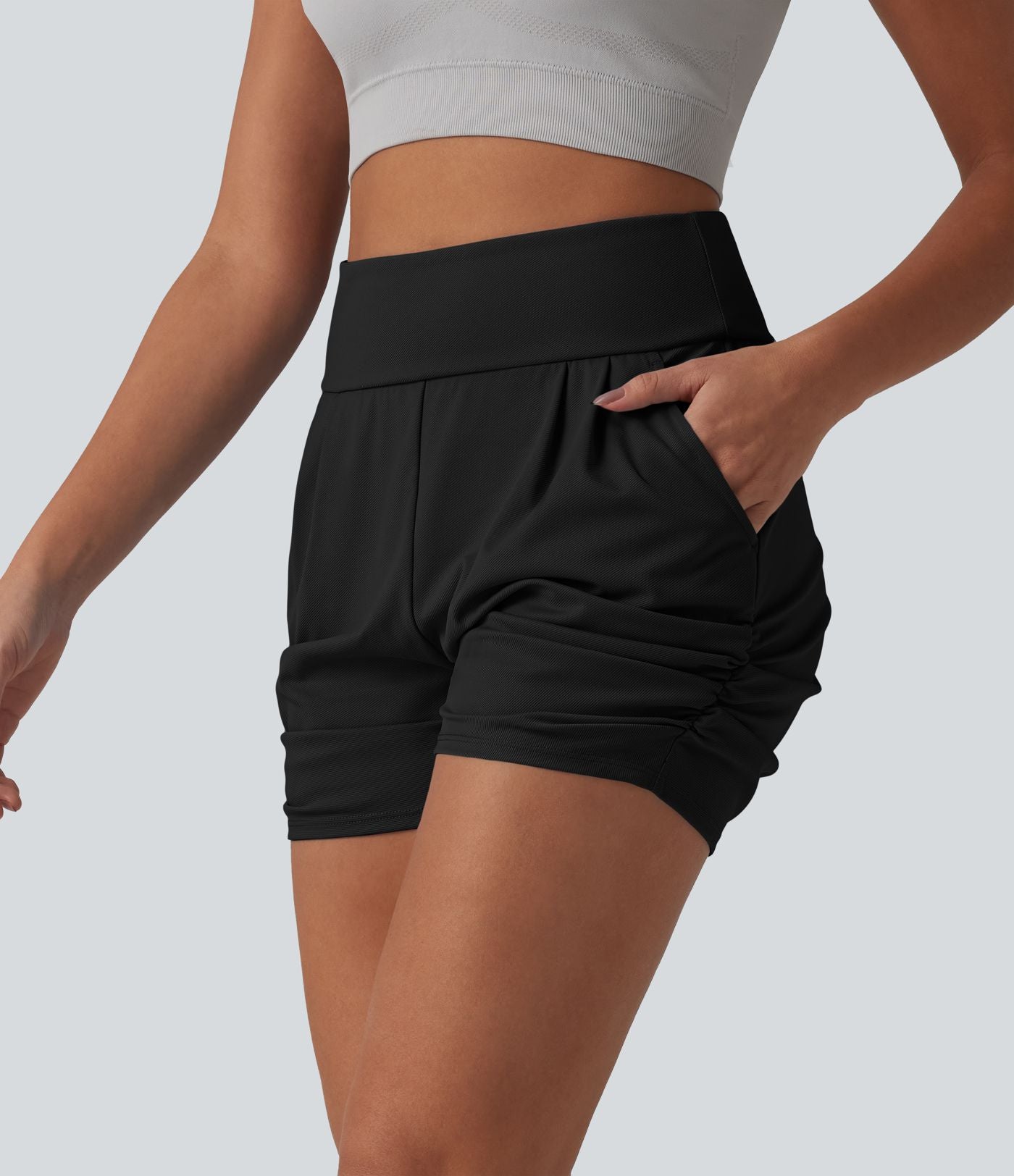Short Yoga froncé taille haute, séchage rapide, UPF40+ avec poches