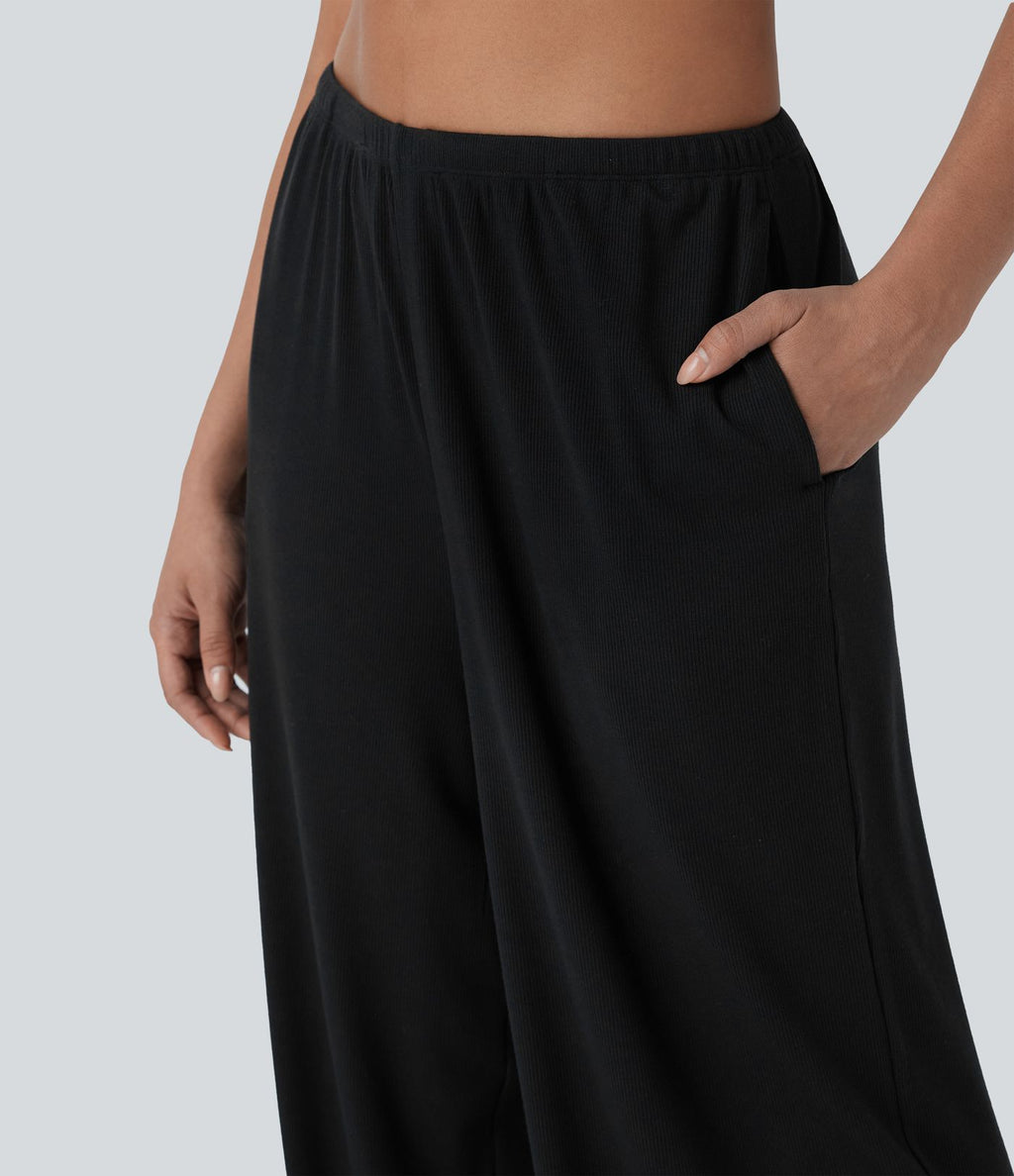 Pantalon fluide ample à taille basse avec cordon de serrage, côtes extensibles, doux pour la peau et poches latérales