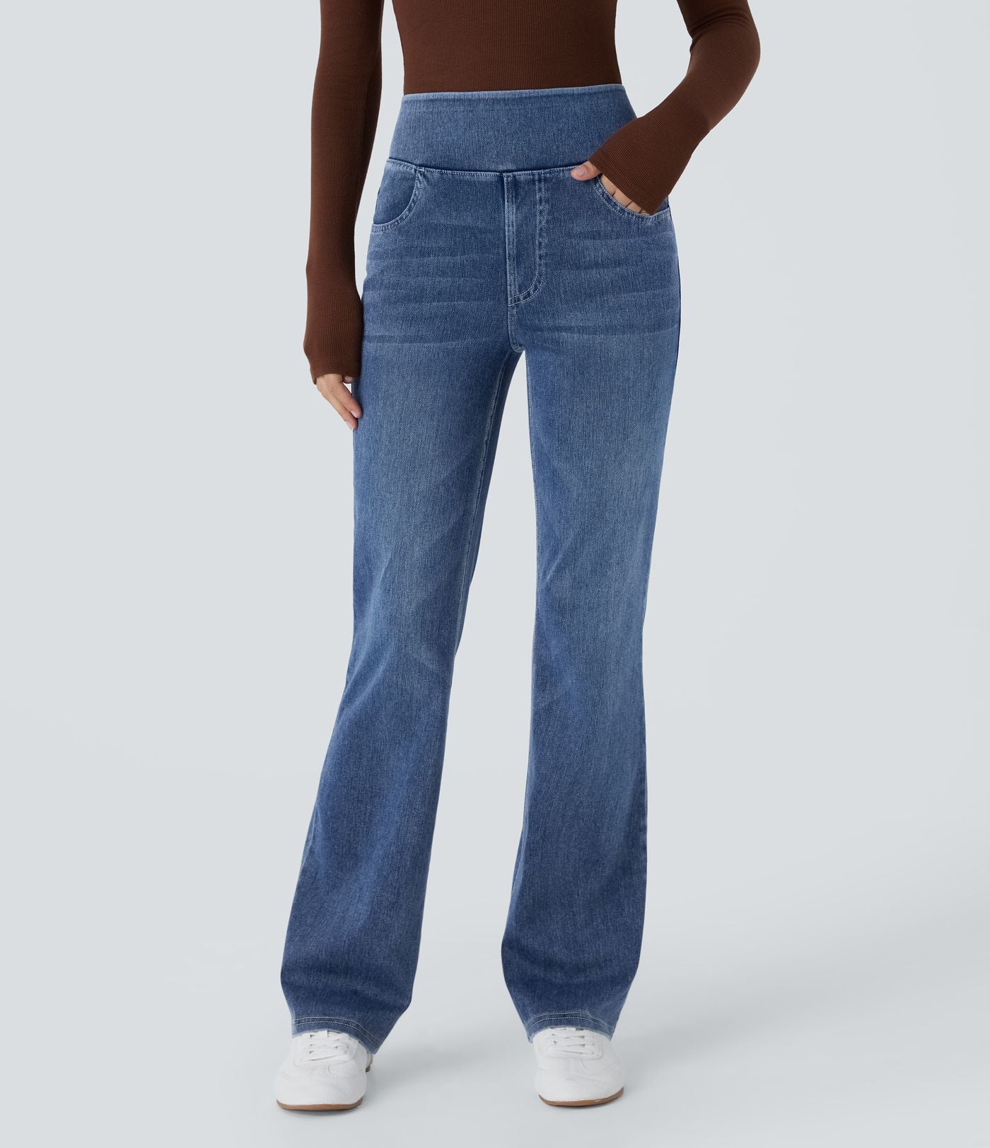 Halara Flex™ Jean bootcut décontracté extensible délavé taille haute à poches multiples