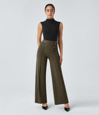 Pantalon Tailleur Large Taille Haute avec Bouton et Poches
