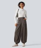 Jogging baggy taille haute effet lin froncé avec poches