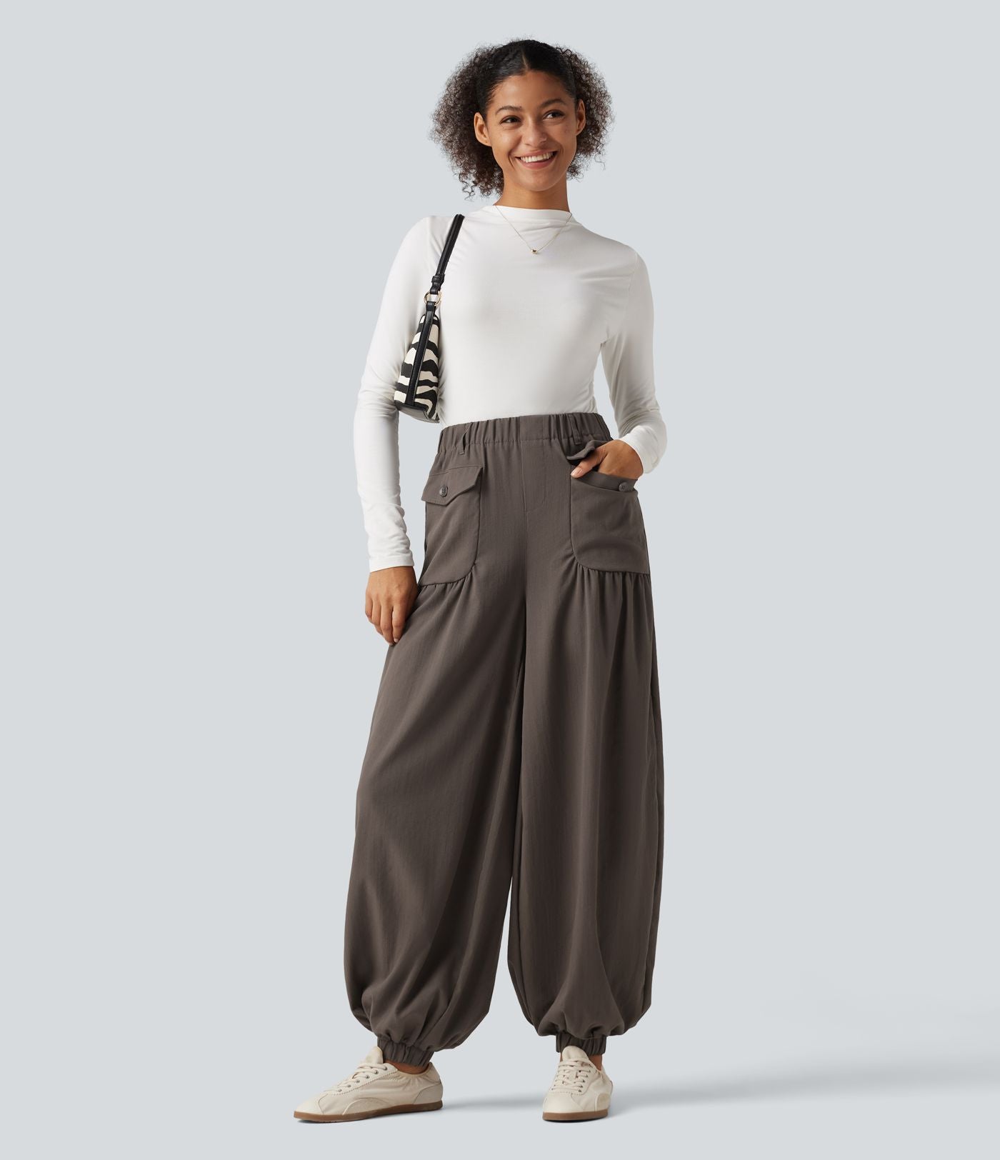 Jogging baggy taille haute effet lin froncé avec poches