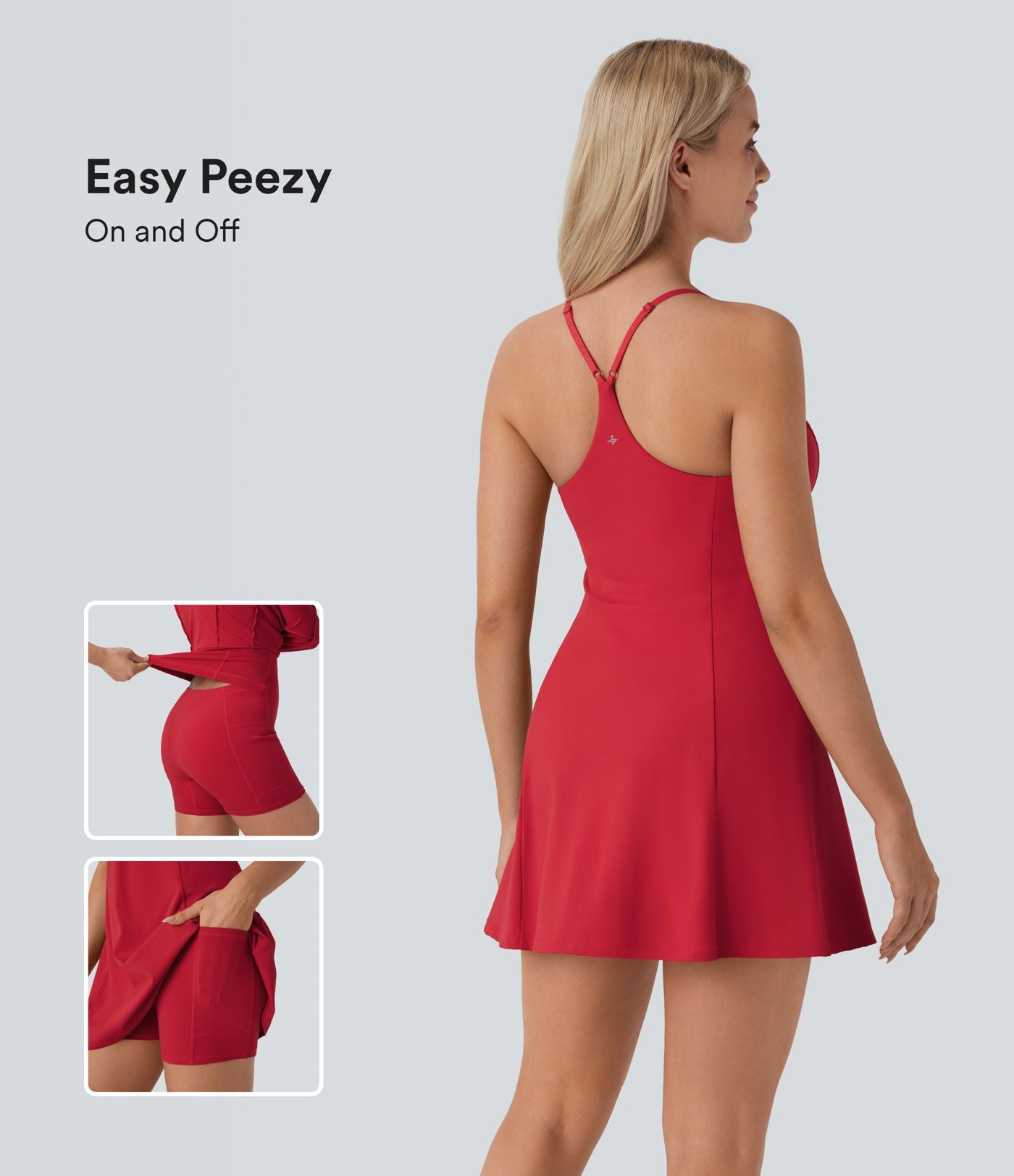 Softlyzero™ Airy Robe de danse courte évasée dos-nu 2-en-1 avec dos nageur, bretelles ajustables et poches latérales - Édition Easy Peasy