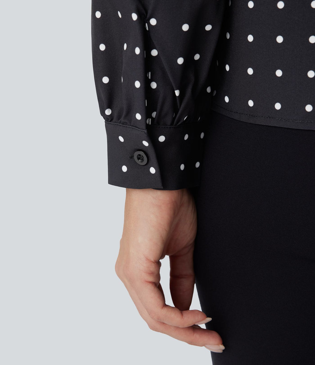 Blouse travail col montant à volants pois manches longues