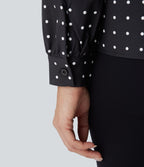 Blouse travail col montant à volants pois manches longues