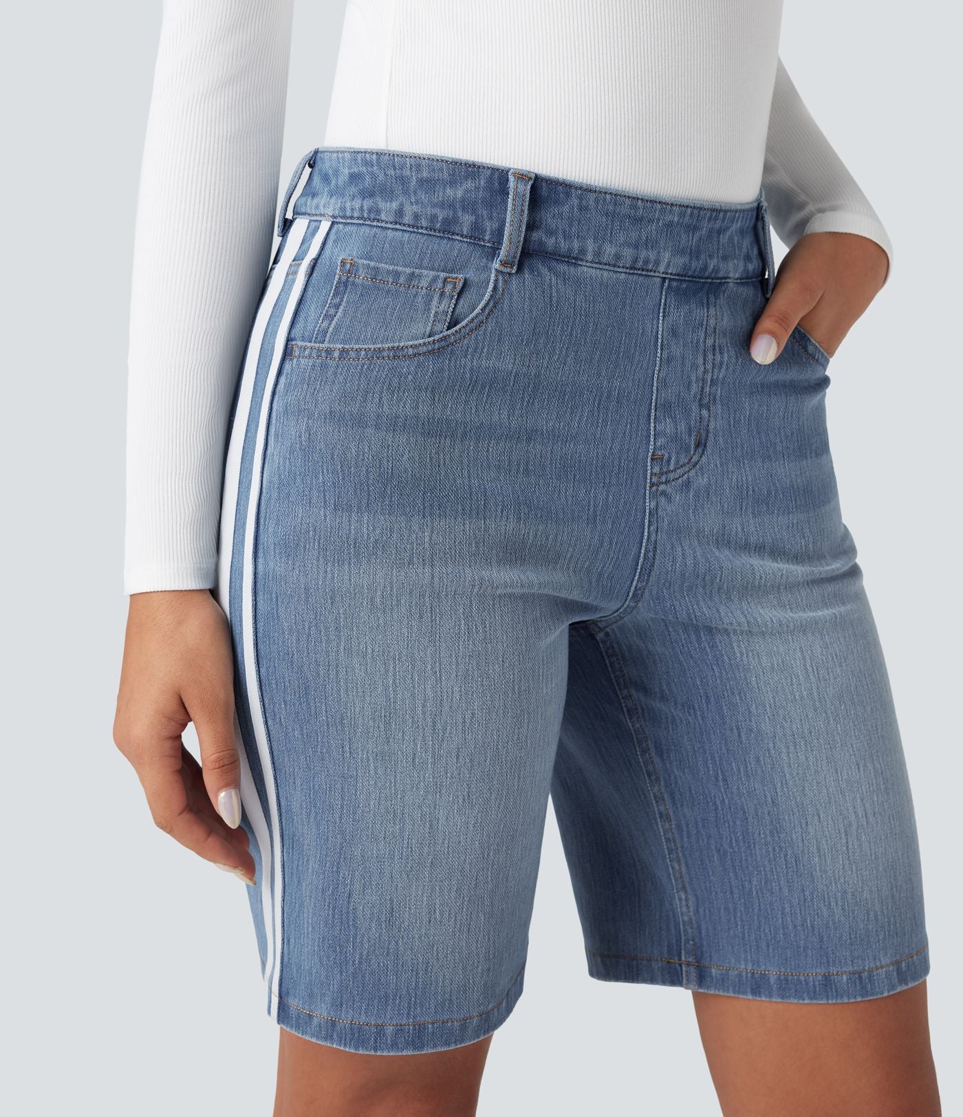 Short denim rayé Halara Flex™ taille haute avec poches
