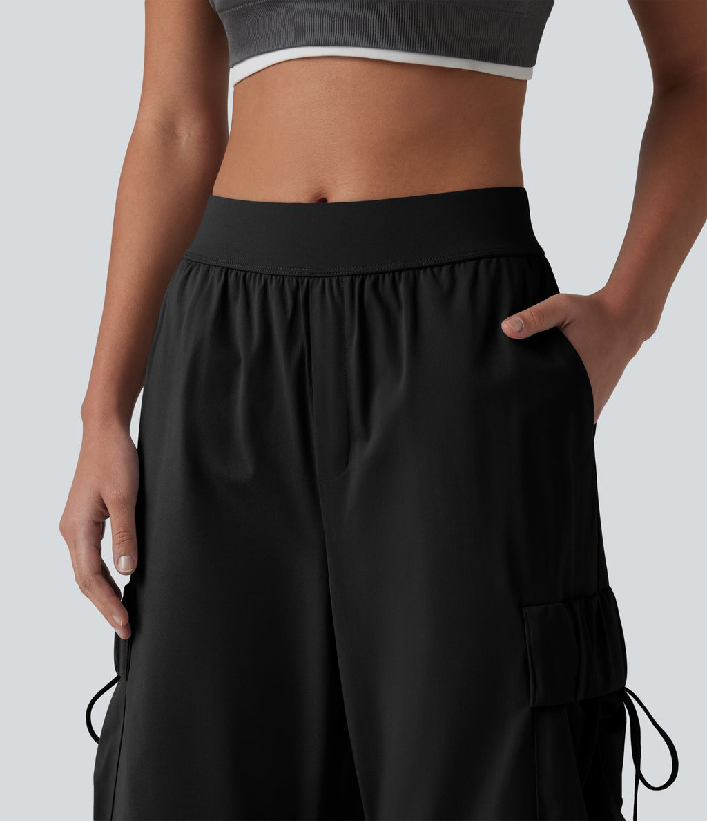Pantalon cargo bootcut de sport taille mi-haute avec fronces et liens et poches