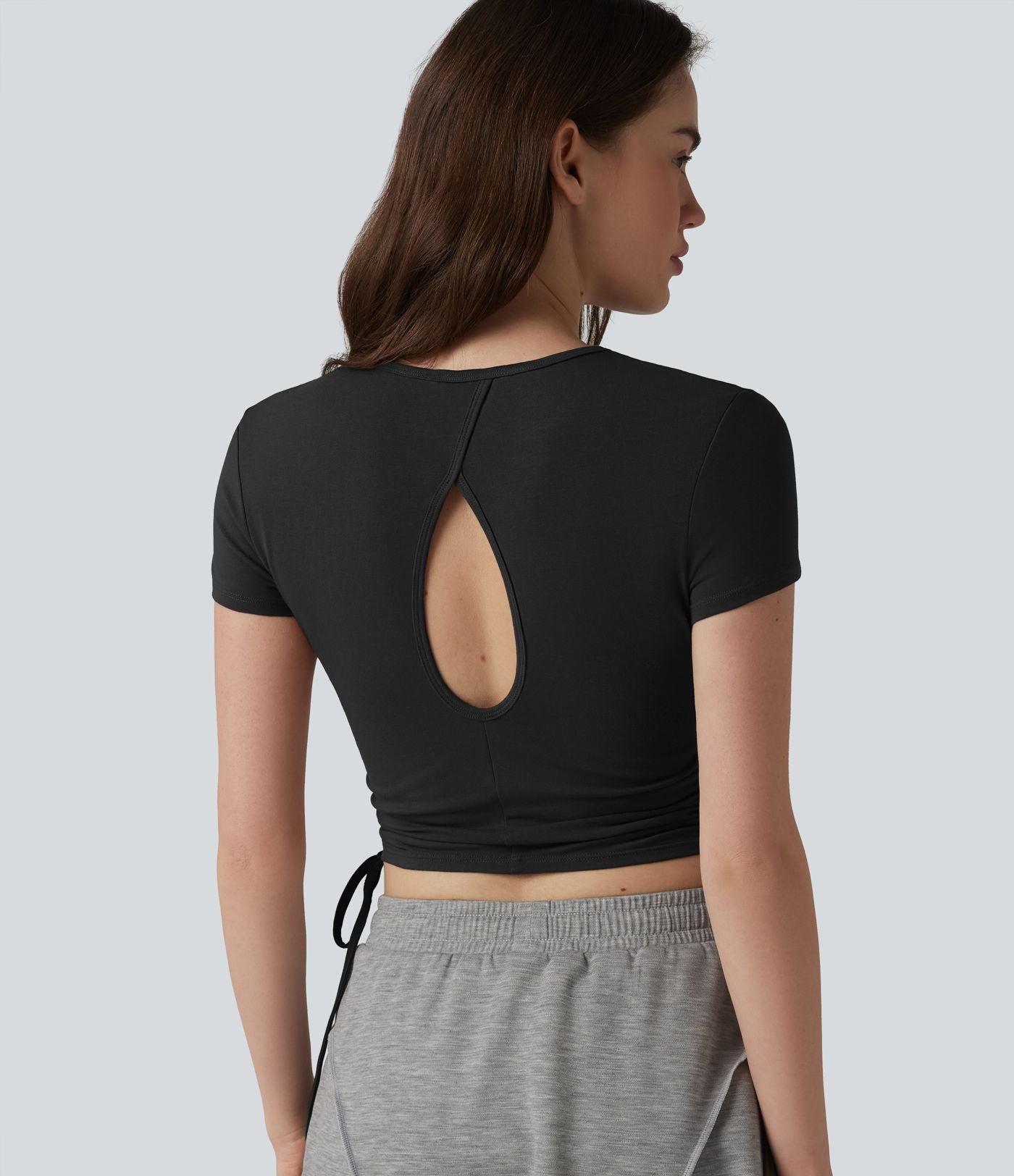 Halara T-shirt décontracté en jersey de coton à col rond, cordon de serrage, dos froncé et ouverture goutte