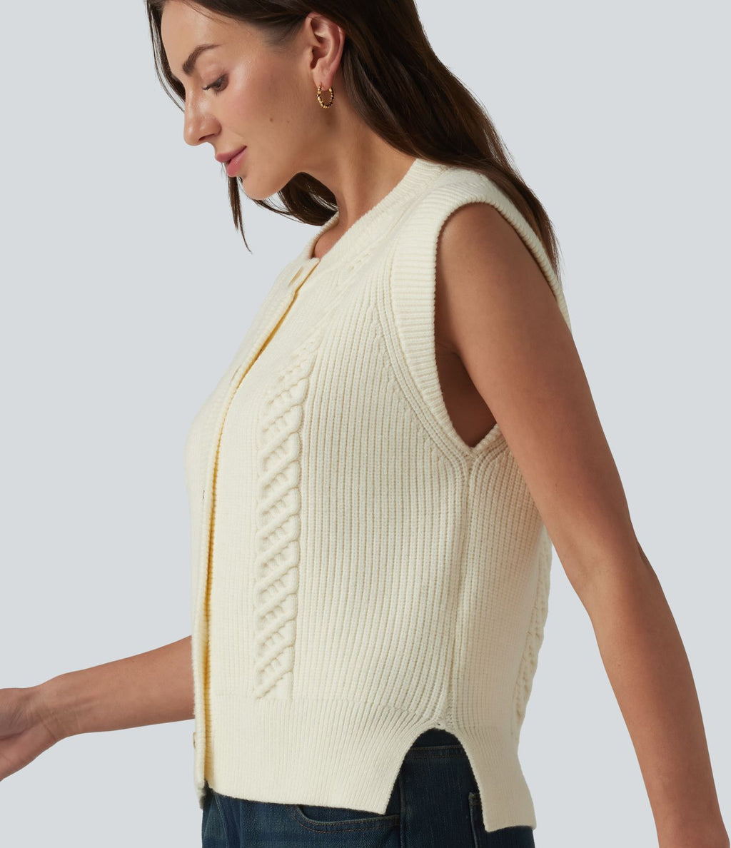 Gilet casual col rond ourlet fendu boutonnage devant