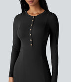 Robe longue évasée col Henley manches longues