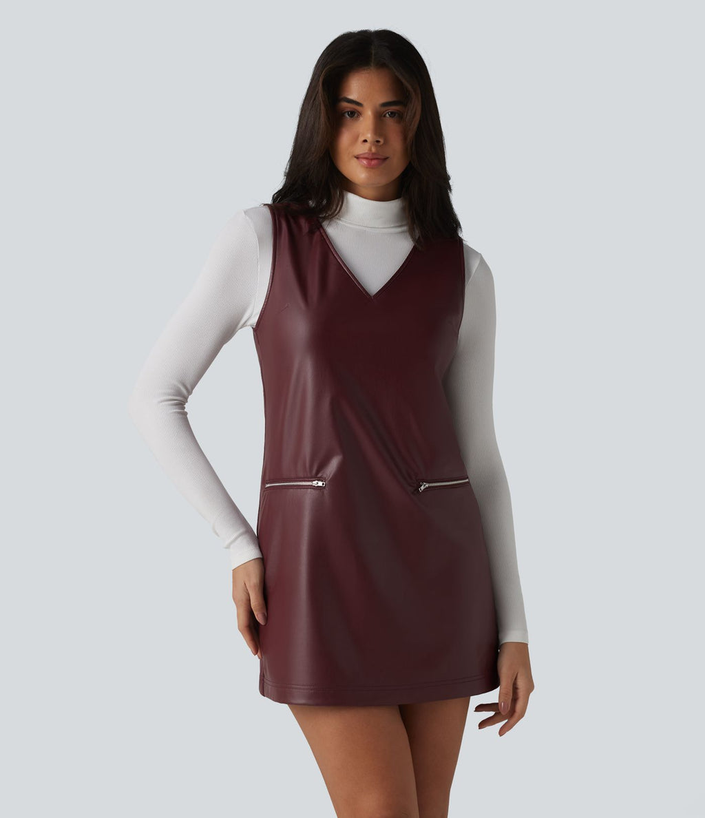 Robe de travail mini sans manches à col en V en polaire PU extensible avec poches