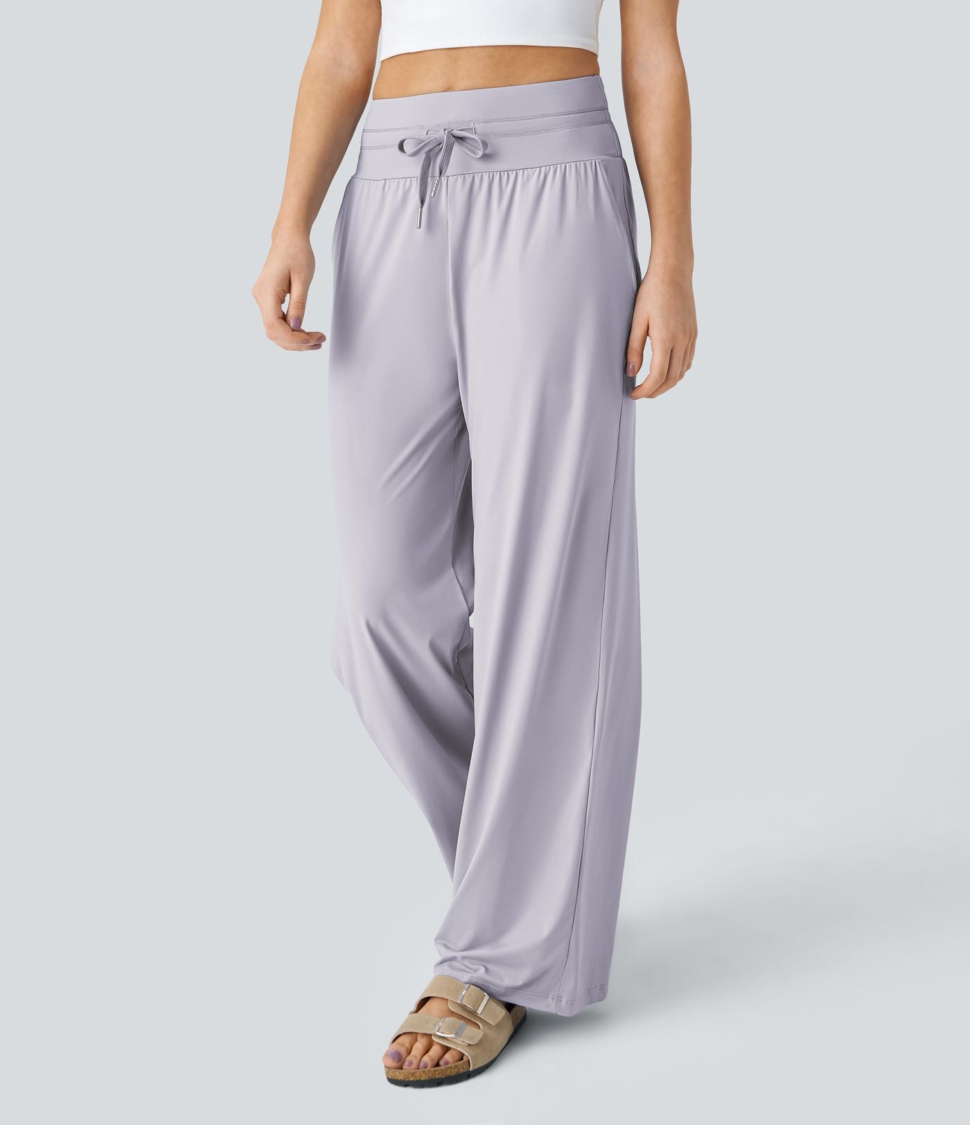 Pantalon large décontracté taille haute cordon de serrage poches latérales effet frais InstantCool