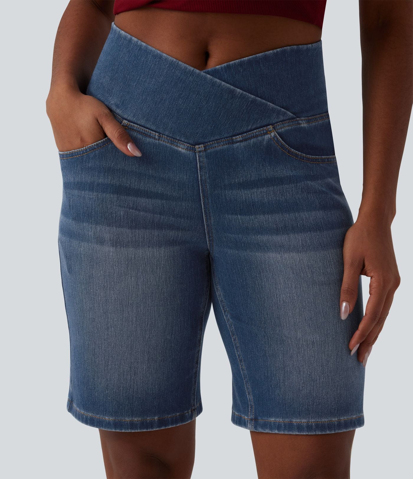 Short en jean Halara Flex™ casual gainant taille haute croisée avec poches