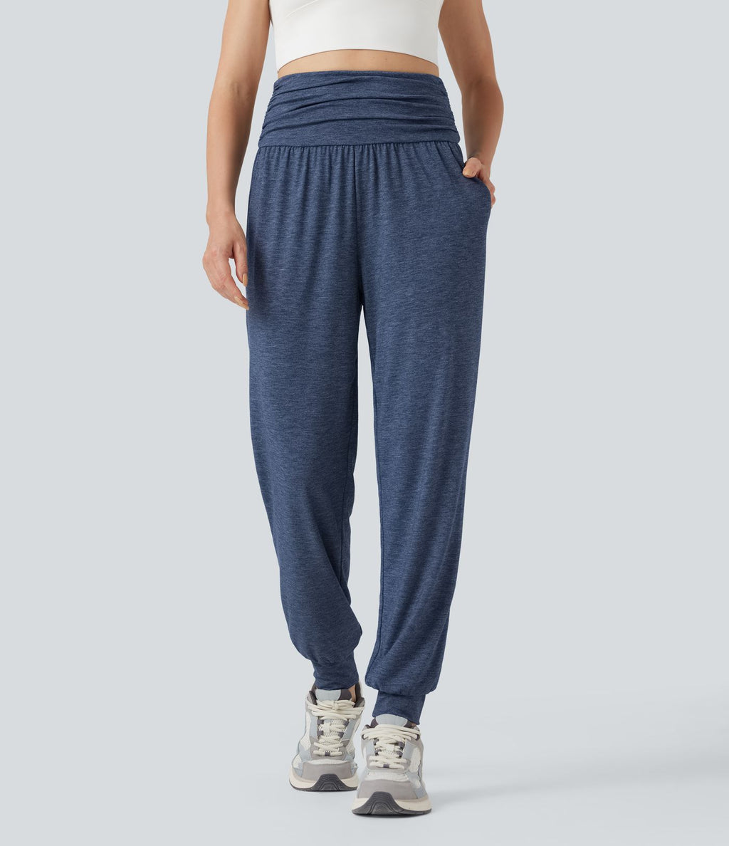 Jogging taille haute froncé chiné avec poches